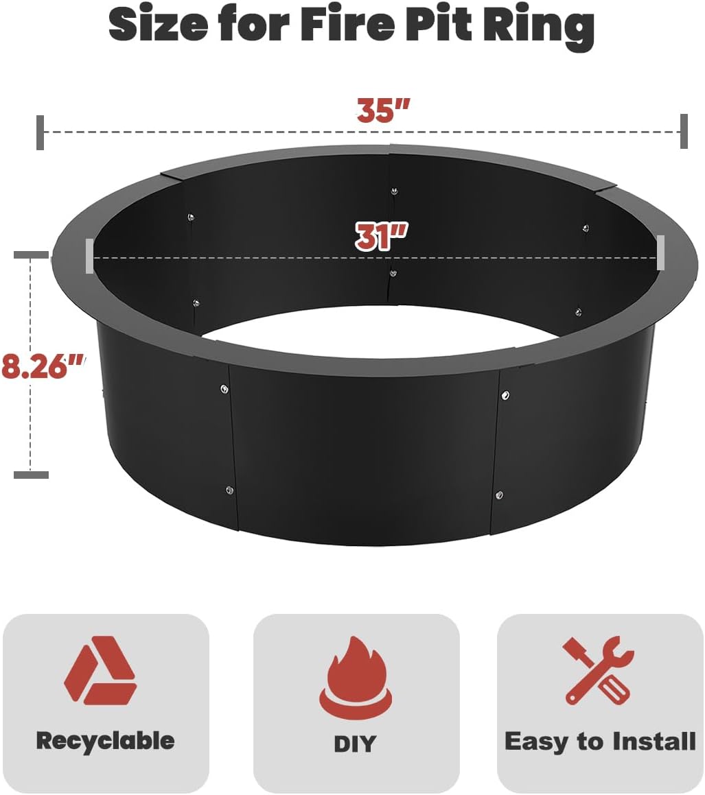 31 Inch Inner Round Fire Pit Ring Insert for Outside Wood Burning, 35 Inch Outer 31 Inch Inner DIY Outdoor Fire Pit Liner Ring for Garden, Patio, Backyard or Camping, 1.5mm Thick Metal Steel