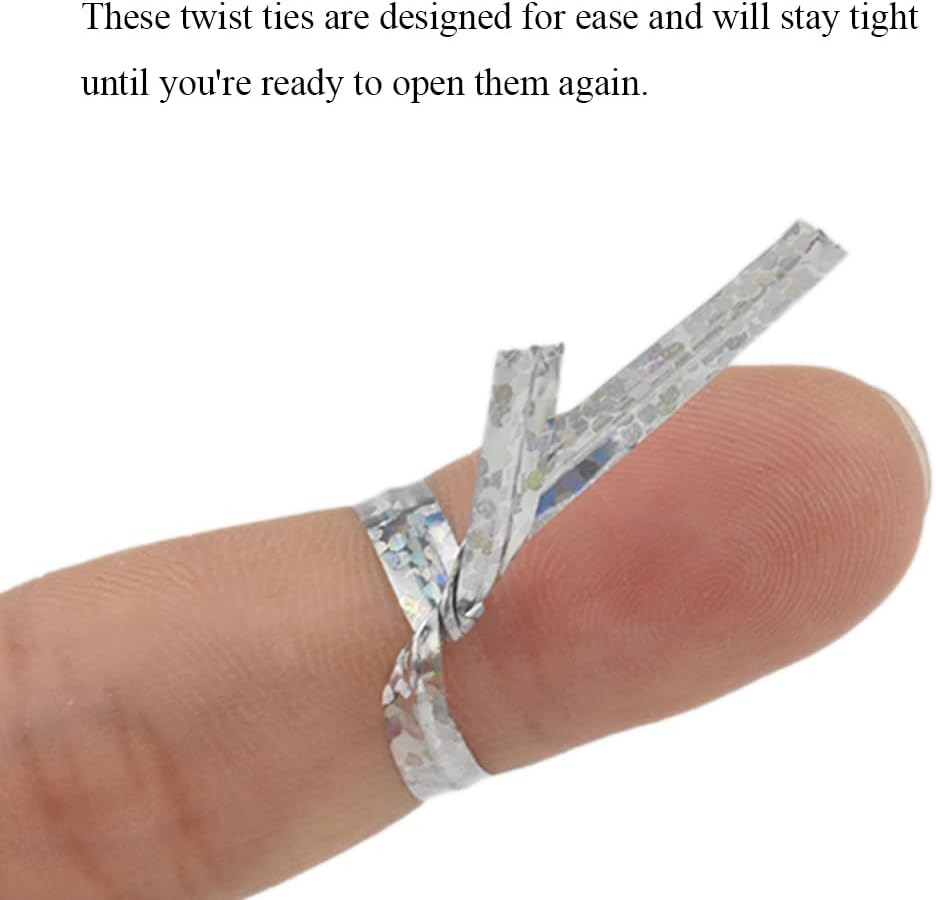 HAHIYO 300Pcs 4inches Holographic Silver Metal Twist Ties Bread Candy Coffee Bag Ties Plant Garden Twist Ties for Cellophane Treat Bags Gift Wraping Bags Plastic Bags Party Cake Present Art Crafts