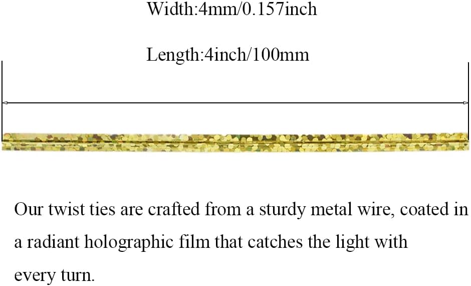 HAHIYO 300Pcs 4inches Holographic Gold Metal Twist Ties Bread Candy Coffee Bag Ties Plant Garden Twist Ties for Cellophane Treat Bags Gift Wraping Bags Plastic Bags Party Cake Present Art Crafts