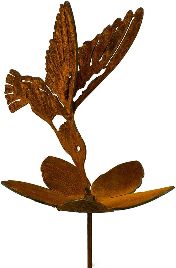 Hummingbird and Flower Garden Stake | Steel Construction with Real Rust Finish | Made in USA