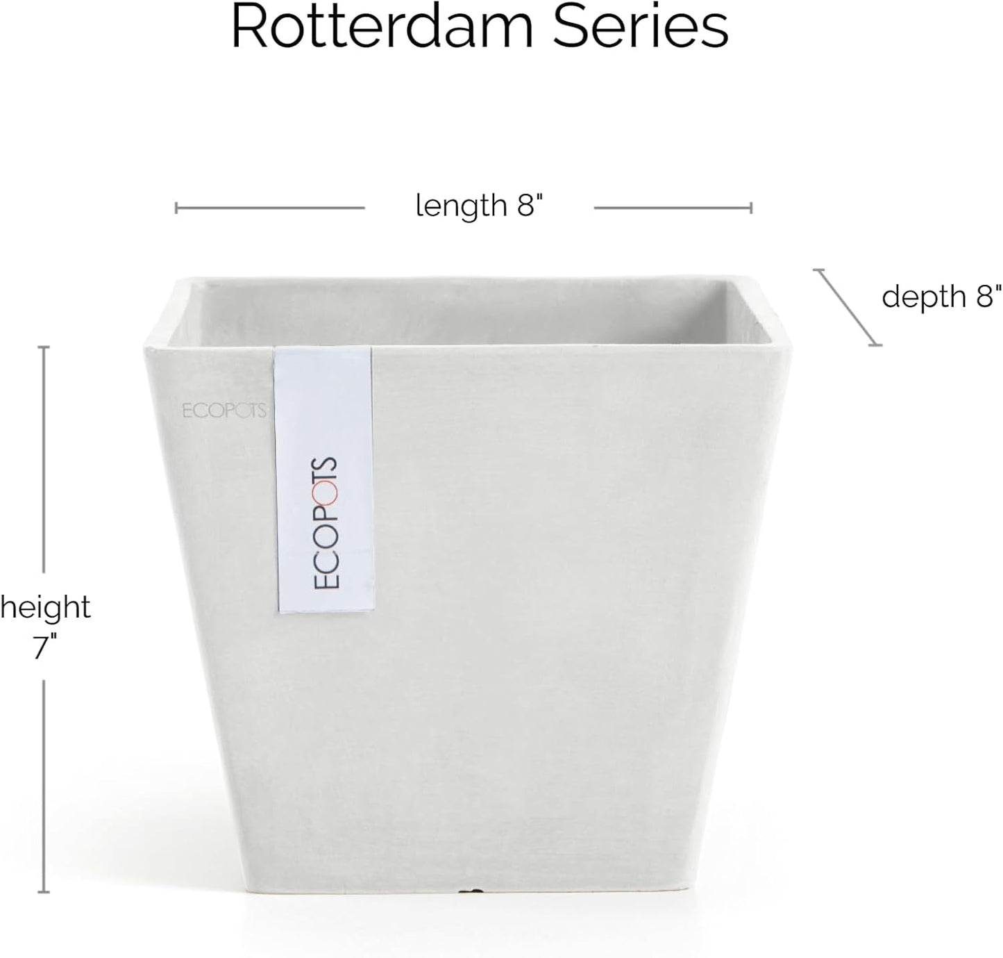 Ecopots Rotterdam Durable Modern Square Indoor/Outdoor Recycled-Based Composite Flower Planter, Pure White, 8"