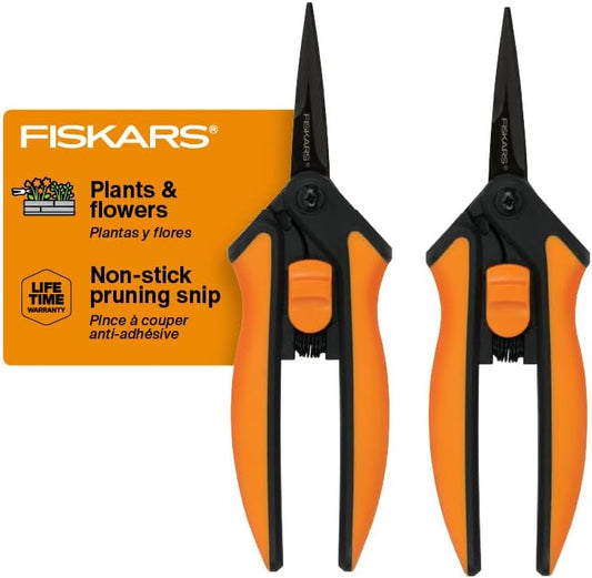 Fiskars Pruning Snips - 6" Garden Shears with Comfort Grip and Spring Action - Sharp and Precise Non-Stick Steel Blades - Quality Pruning Shears for Plants in Grow Tents and Hydroponics - 2 Pack