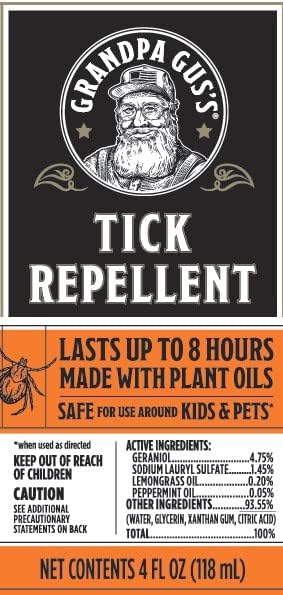 Grandpa Gus's Natural Tick Repellent Spray with Essential Oils - for Humans, DEET-Free, Up to 8 Hours of Protection, Camper Essentials, Safe Around Kids and Dogs, 4 oz (Pack of 2)
