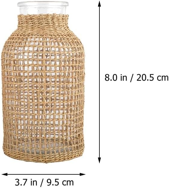 DOITOOL Glass Flower Vase With Rattan Cover, Round Decorative Woven Seagrass Farmhouse Floral Container for Arrangement Table Centerpiece Decor (Size S+L)