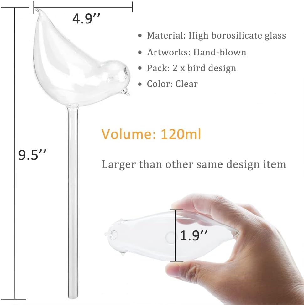 Glass Plant Watering Globes, Self Watering Globes Bird Shape, Self Watering Planter Insert, Plant Watering Devices, Automatic Plant Waterer Indoor, Watering Bulbs, 2 Pack
