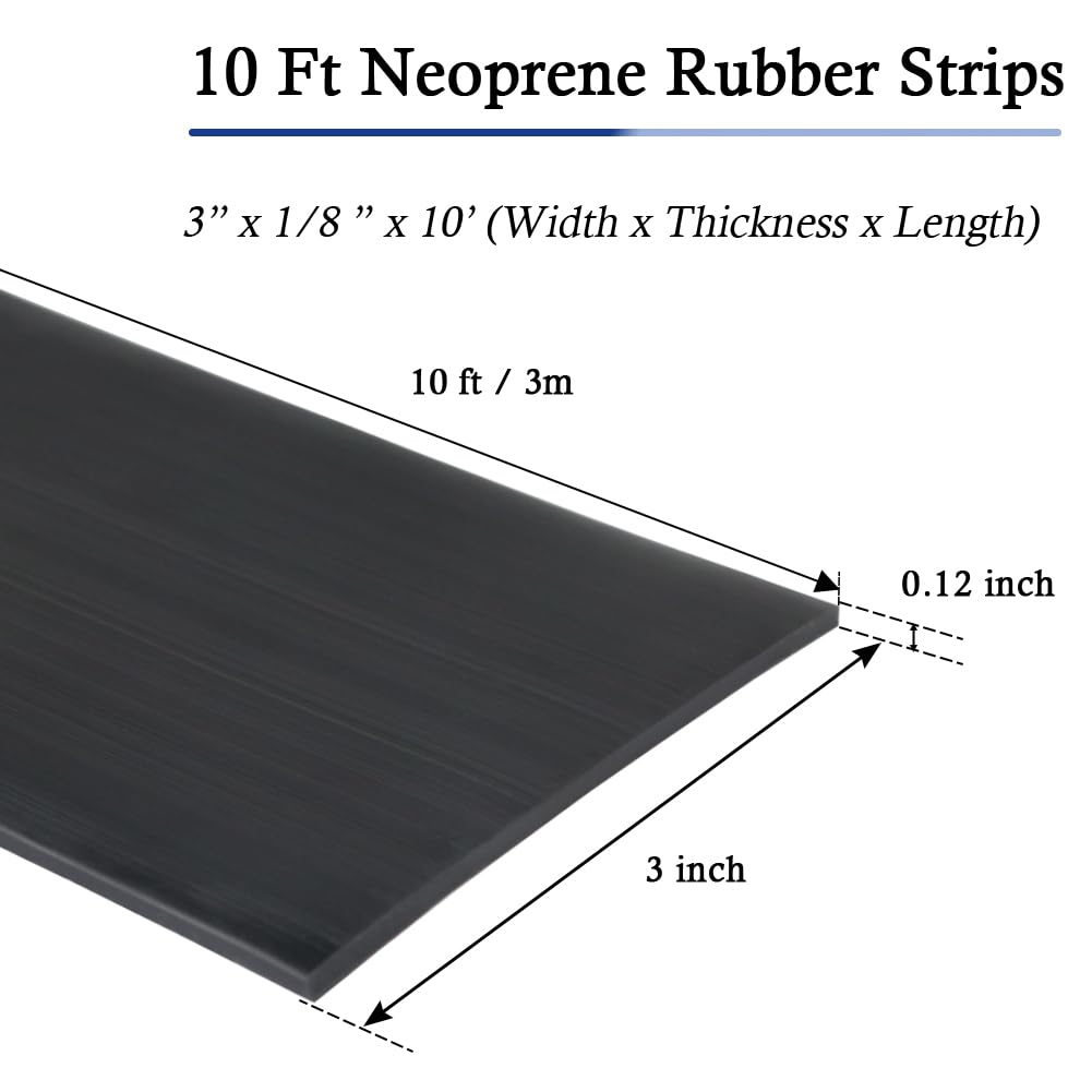 Neoprene Rubber Strips Self Adhesive Solid Rubber Sheets, Rolls & Strips for DIY Gaskets Crafts Pads Seals Warehouse Flooring Neoprene Sheet with Adhesive Backing (3" Wide x 1/8" Thick x 10' Long)