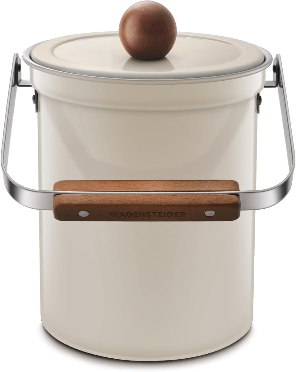 Kitchen Countertop Compost Bin 101ounces / 3Liters, Airtight Lid SUS304 Stainless Steel Odor-Free Food Waste Bin with Wooden Handle Stylish Design Bathroom Trash Can (Off-White)