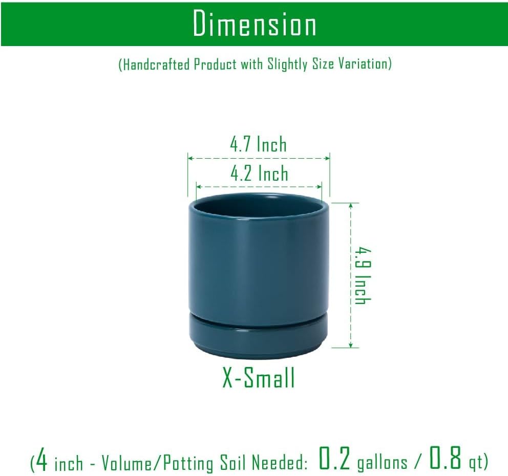 D'vine Dev 4.7 Inch Ceramic Planter Pot with Drainage Hole and Saucer, Indoor Cylinder Round Planter Pot, Teal, 94-O-B-9
