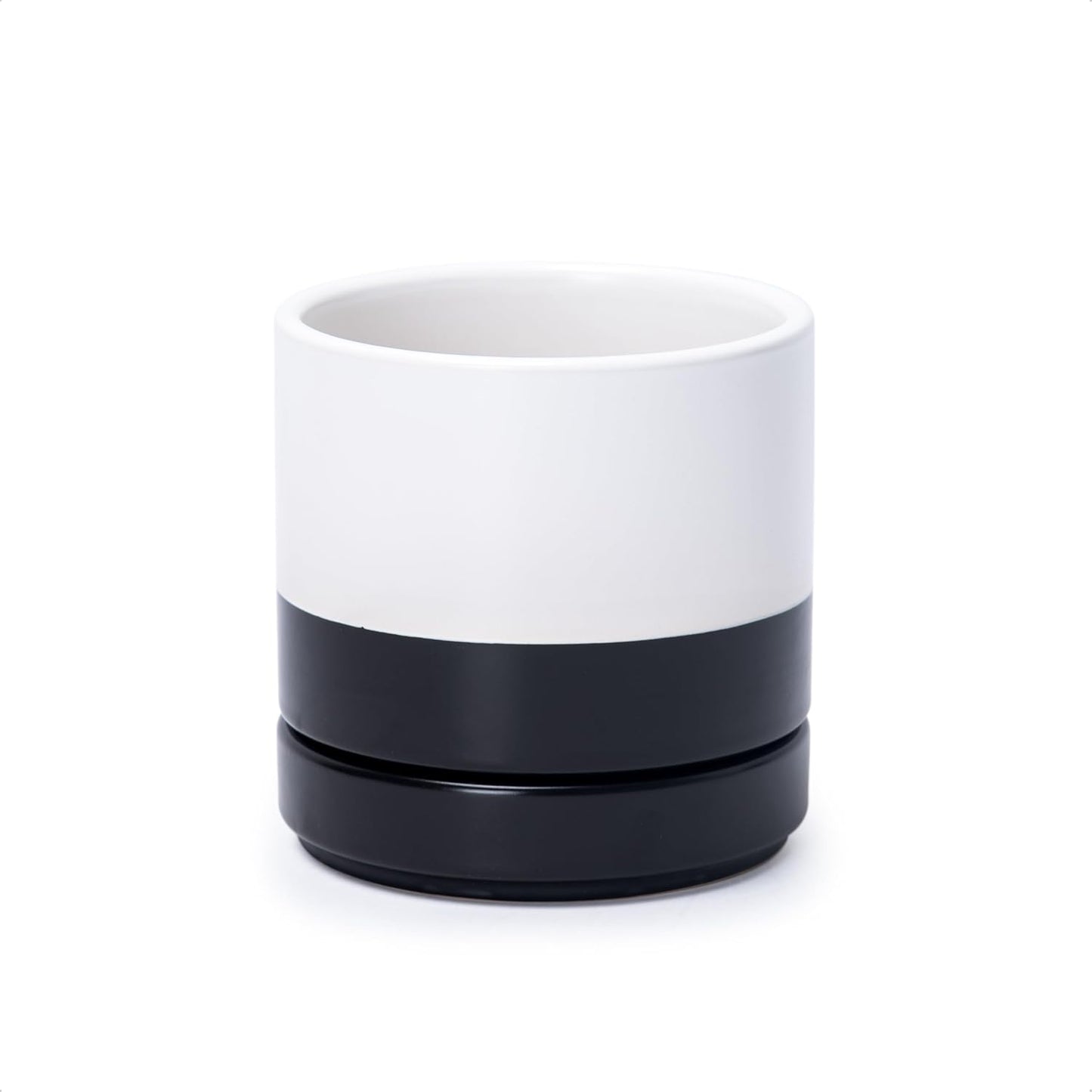 D'vine Dev 4.7 Inch Ceramic Planter Pot with Drainage Hole and Saucer, Indoor Cylinder Round Planter Pot, Layered Monochrome Black & White, 94-O-B-L