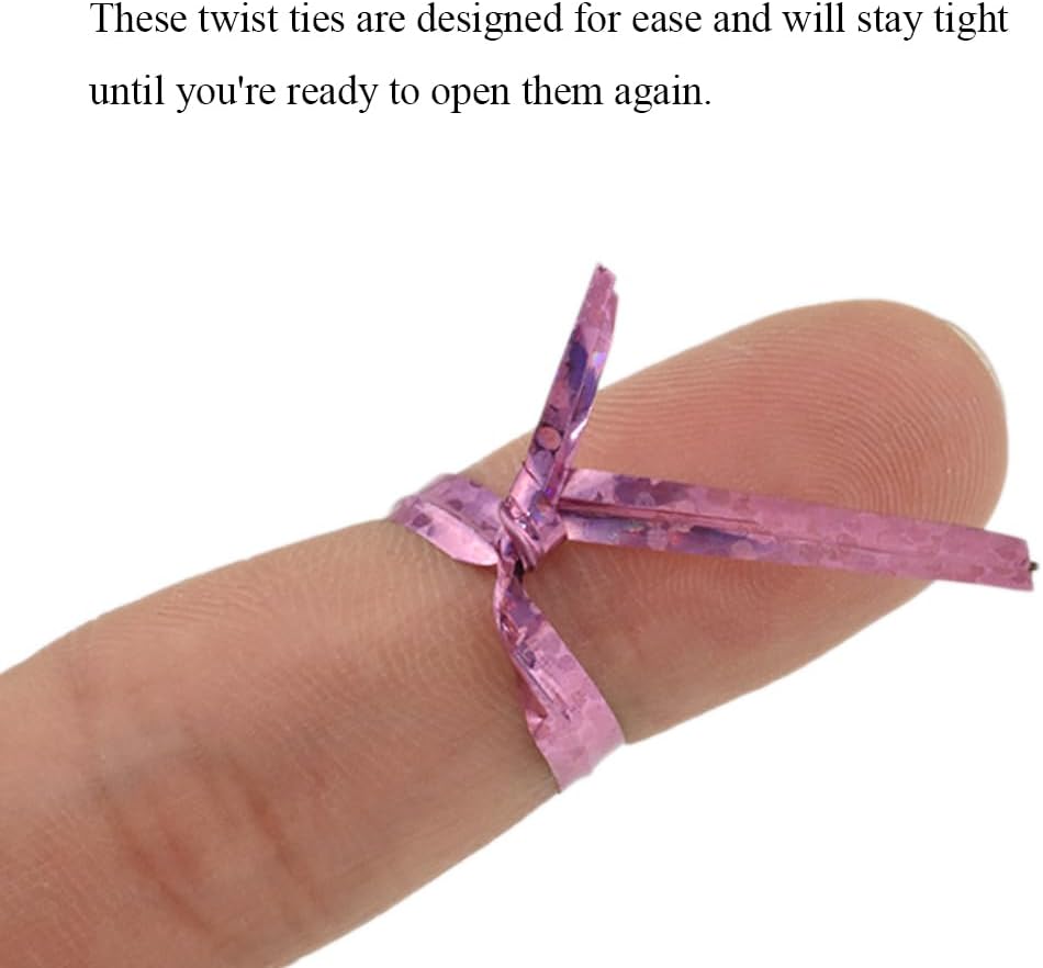 HAHIYO 300Pcs 4inches Holographic Pink Metal Twist Ties Bread Candy Coffee Bag Ties Plant Garden Twist Ties for Cellophane Treat Bags Gift Wraping Bags Plastic Bags Party Cake Present Art Crafts