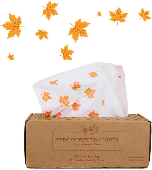 Limited Edition Fall Maple Leaf – Compostable Trash Bags by The Gardener's Daughter, 13 Gallon, 30 Count, White, Extra Strength, Drawstring Kitchen Waste Bag – BPI & TUV Certified
