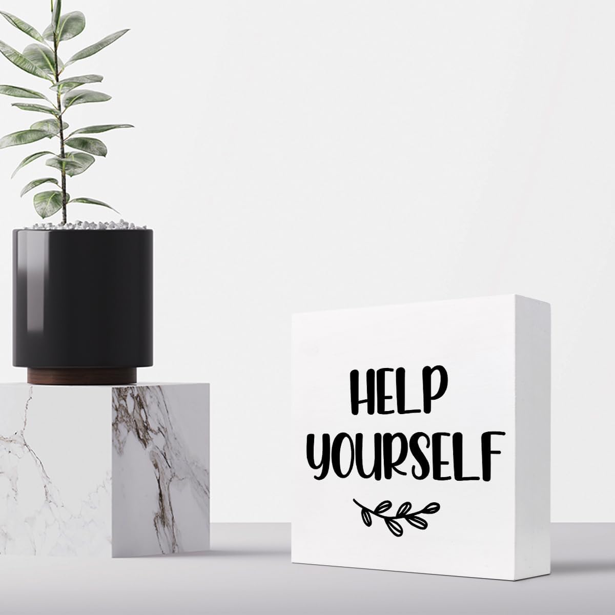 Help Yourself White Wood Block Sign Desk Decor,Rustic Wooden Box Plaque Sign for Home Bedroom Farmhouse Shelf Table Decor