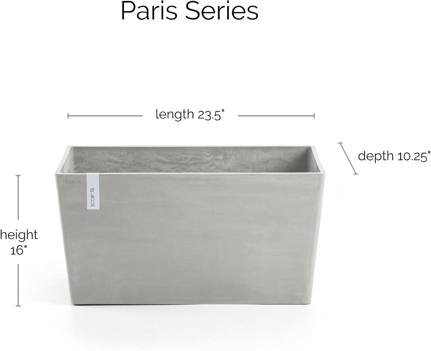Ecopots Paris Durable Modern Rectangular Indoor/Outdoor Recycled-Based Composite Flower Planter, White Grey, 23.5"