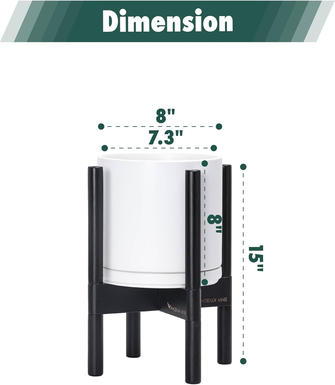 D'vine Dev Ceramic Planter with Ebony Stand - 8 Inch Modern Round Flower Pot with Wood Planter Holder, White, 55-B-M-1