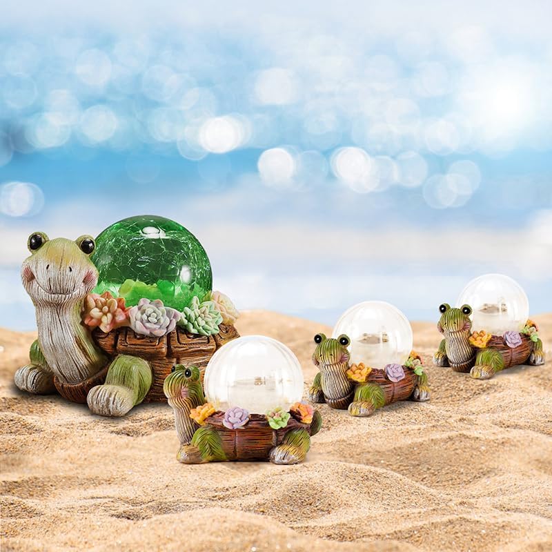 Solar Mini Turtle Garden Statue Lights for Outdoor Decor with Cracked Glass LED Figurine Lighting Resin Succulent Tortoise Decorations for Patio Lawn Yard Home Housewarming Mom Wowen Gifts
