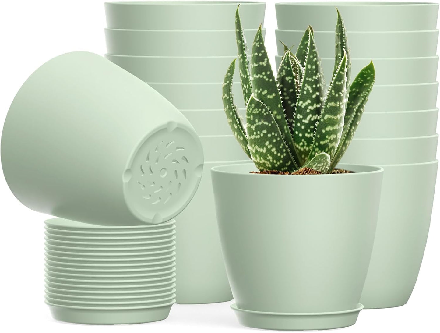 16 Pack 4 Inch Plant Pots with Drainage Holes and Saucers, Pots for Plant Indoor, Plastic Planters for Succulents and Small Plants, Green