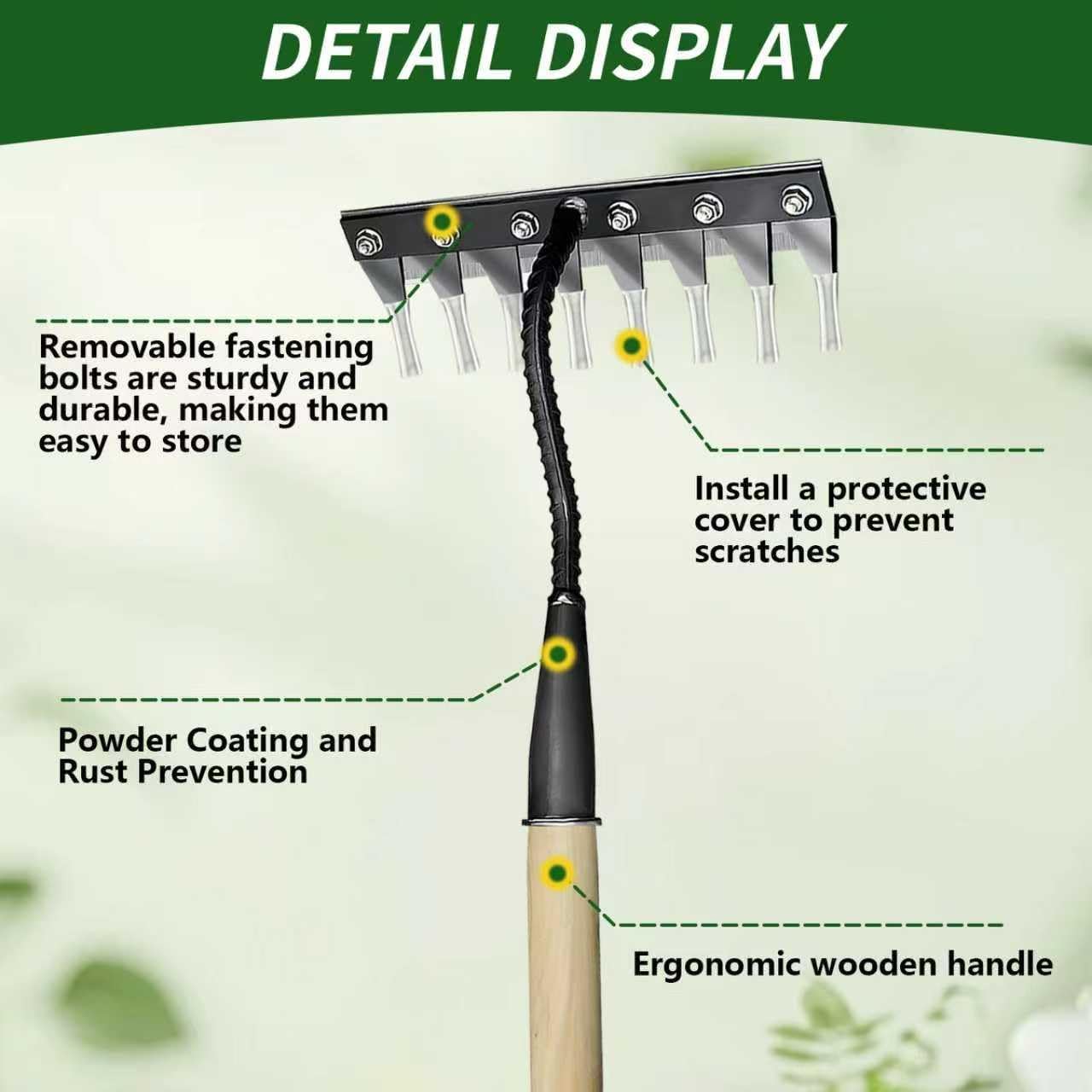 Upgraded Cultivator rake, Spray-Coated Rust-Proof Manganese Steel Weed rake, and 8-Tines Garden Weed Puller Tool with Wooden Handle — All for Lawn and Garden, Ideal gardinia uprooting Tool.