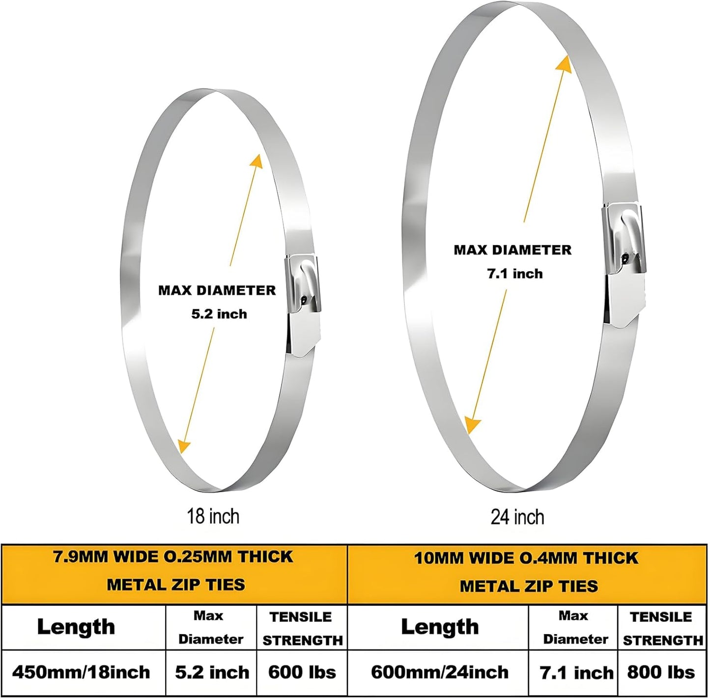 Wide Metal Zip Ties Heavy Duty Outdoor, 80 Pcs 600 Lbs 18 Inch Stainless Steel Zip Ties, Self-Locking Metal Cable Ties, Strength, Ideal for Exhaust Wrap, Cables, Farms, Pipes, Roofs, and Fence