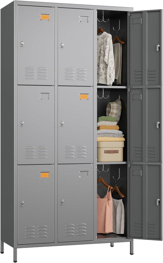 9 Doors Metal Storage Lockers for Employees with 27 Hooks,72" H Employee Lockers with Business Card Holder for Offices School Gyms Home,Assembly Required,Dark Gray