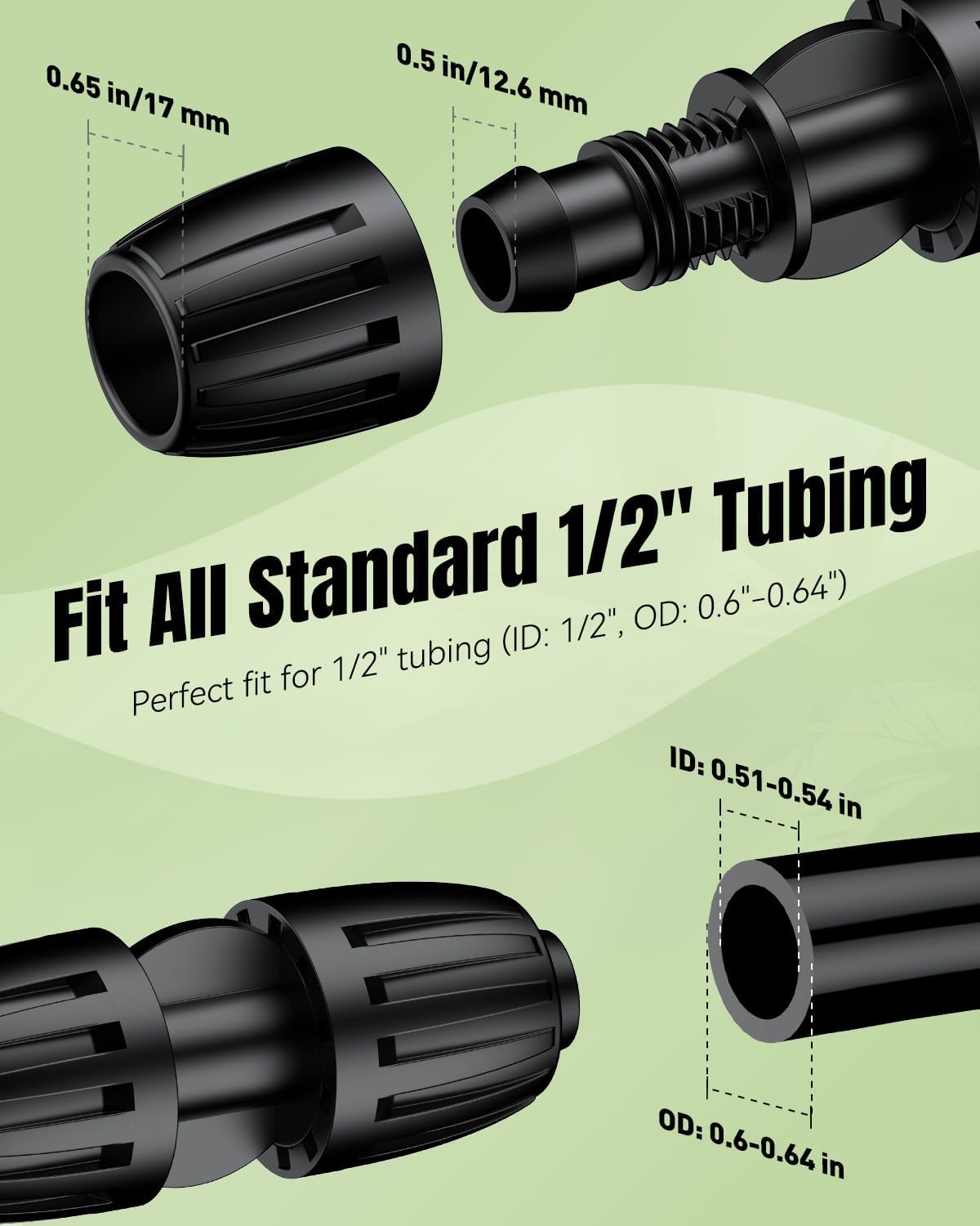 Pawfly 15 Pcs Drip Irrigation Fittings for 1/2 Inch Irrigation Tubing (1/2" ID x 0.64" OD), 1/2" Drip Line Connectors with Anti-Drop Lock Nuts, Barbed Coupling Parts for Garden Irrigation System