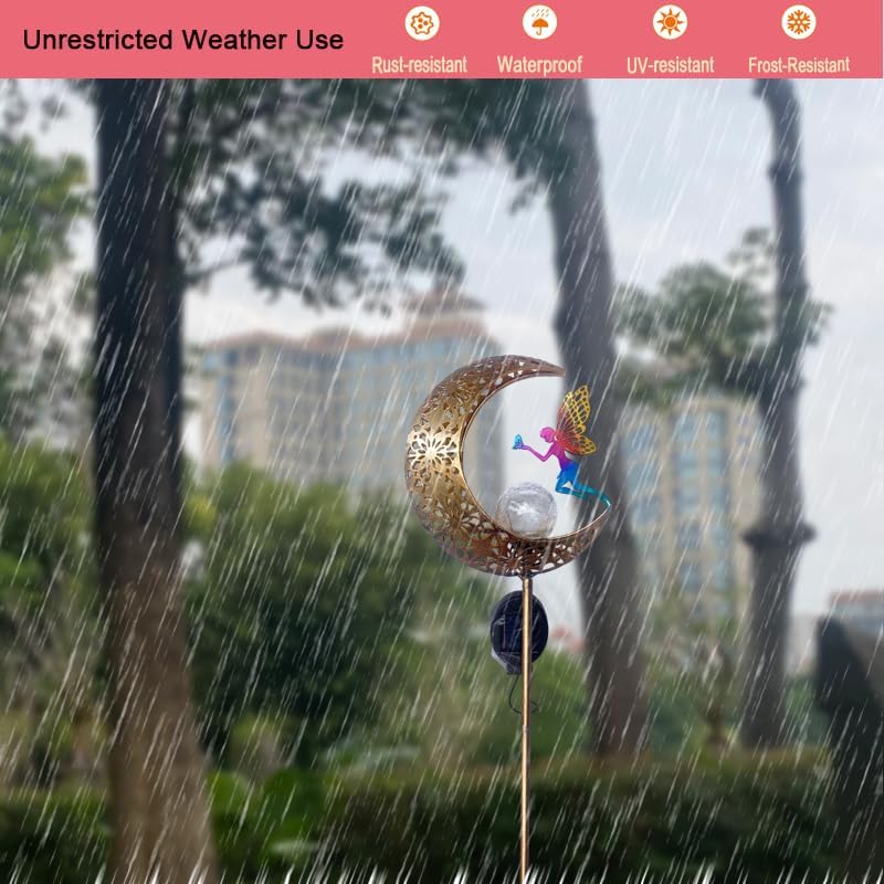 Solar Garden Lights Outdoor Decor, Moon Fairy Crackle Glass Lights, Waterproof LED Landscape Lighting Metal Stake Ornament, for Walkway Yard, Patio, Lawn Pathway Decorations