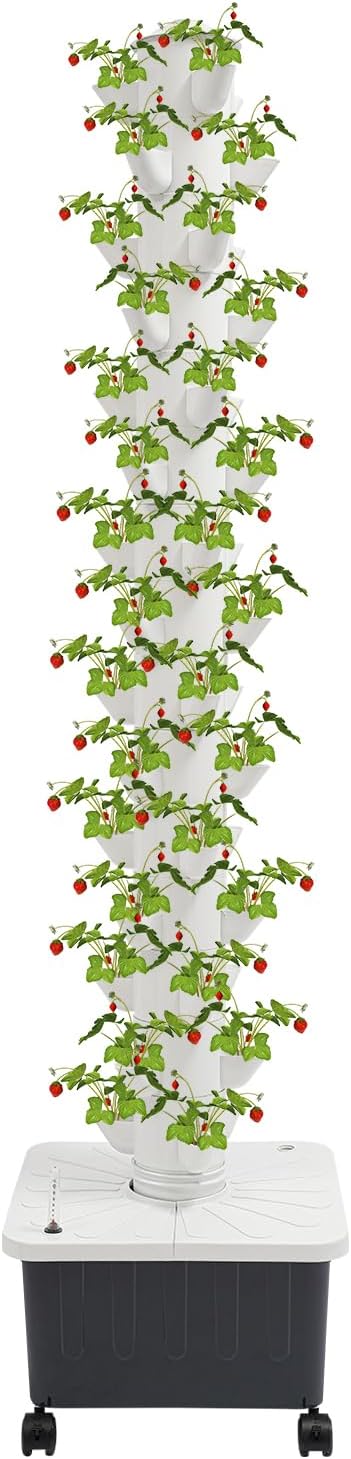 15-Tier Hydroponic Growing Tower, 45-Plant Vertical Garden Kit with Water Pump, Hydroponics Tower Growing System with 4 Wheels for Herbs, Vegetables, Strawberries (White)