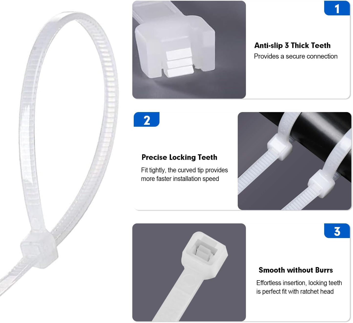 Zip Ties, RAZCC 1200pcs Cable Zip Ties 8 Inch, Heavy Duty White Plastic Wire Ties with 50lb Tensile Strength, Self-Locking Nylon Cable Ties, Wire Management for Indoor and Outdoor