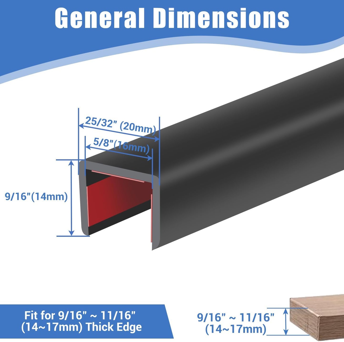 Rubber Edge Trim, Self-Adhesive U Channel Edge Protector for Plywood, Cabinet, 5/8" Wood Edge Banding, Flexible Furniture Repair, EPDM Material, Fit 5/8"(16mm), Length 10Ft, Black
