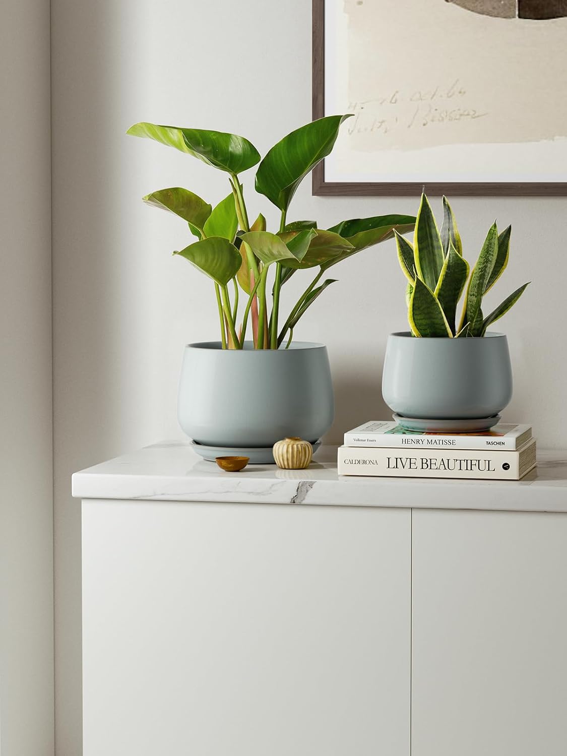 LE TAUCI Plant Pots for Indoor Plants, 4.1+5.1+6.5 inch, Set of 3, Ceramic Planters with Drainage Hole and Saucer, Indoor Flower Pot with Hole Mesh Pad, Gifts for Mom, Reactive Glaze Blue Gray