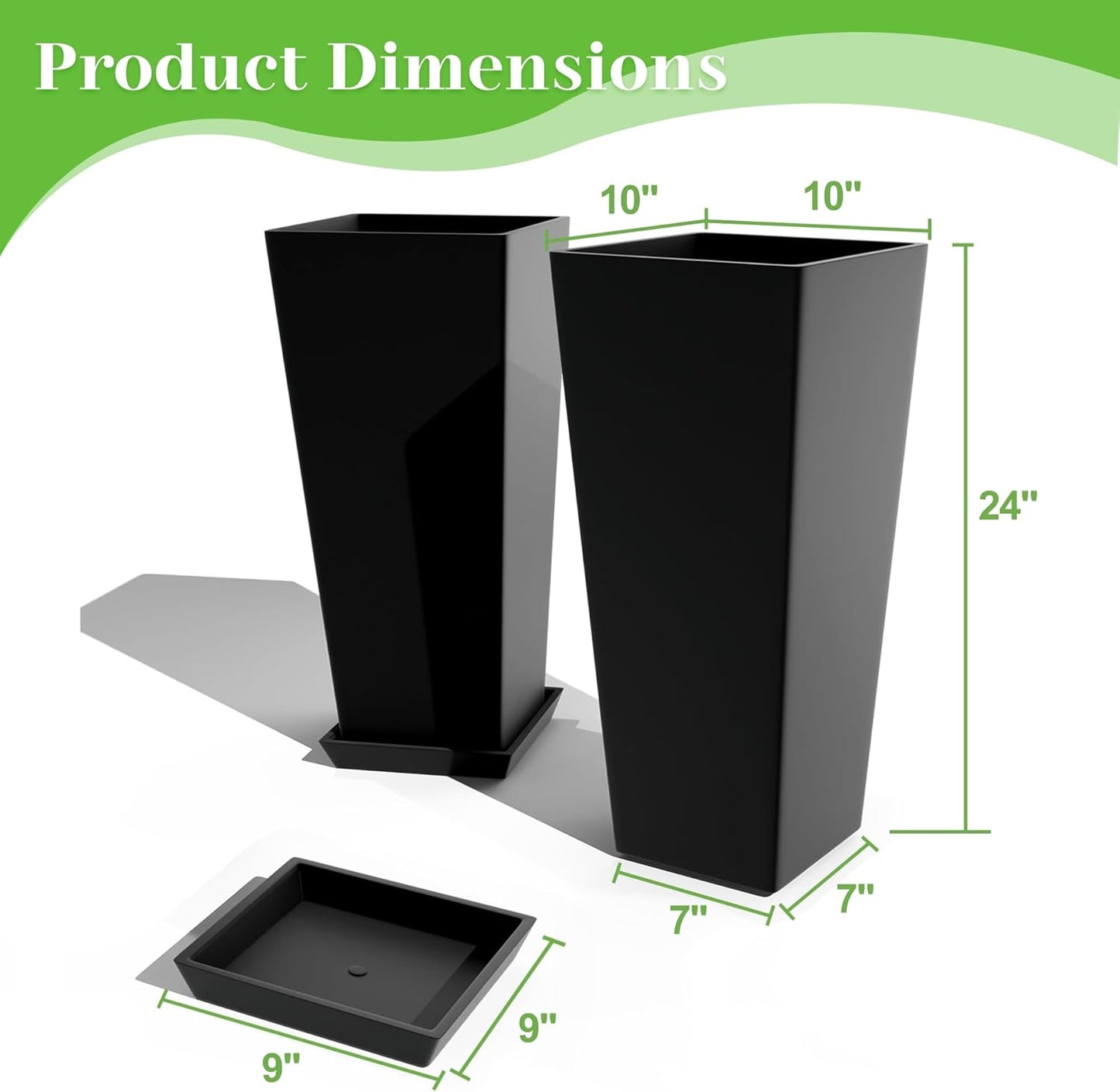 FENCY Set of 2 Tall Planters for Outdoor Plants, 24 Inch Large Tapered Pots with Drainage Trays, Weather-Resistant Plastic Plant Containers for Patio, Porch, Garden, Front Door Decor,Black