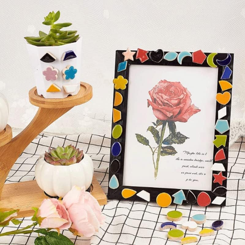 500g/1.1lb Random Color Irregular Ceramics Mosaic Tiles,DIY Making Creative Ceramic Mosaic Tiles for DIY Craft Plates Flowerpots Vases Cups Mosaic Making Supplies (Flowers+Round+Heart+Pentagram+Oval)