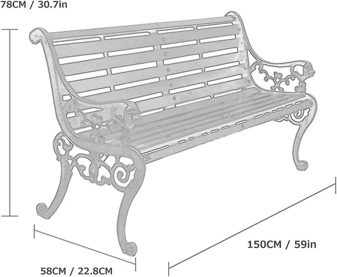 Outdoor Bench, Porch Bench, Garden Park Bench, Cast Aluminum Preservative Wood Bench with Backrest and Armrests for 2-3 People Porch/Deck/Patio Furniture(Teak+Black Legs,150CM)