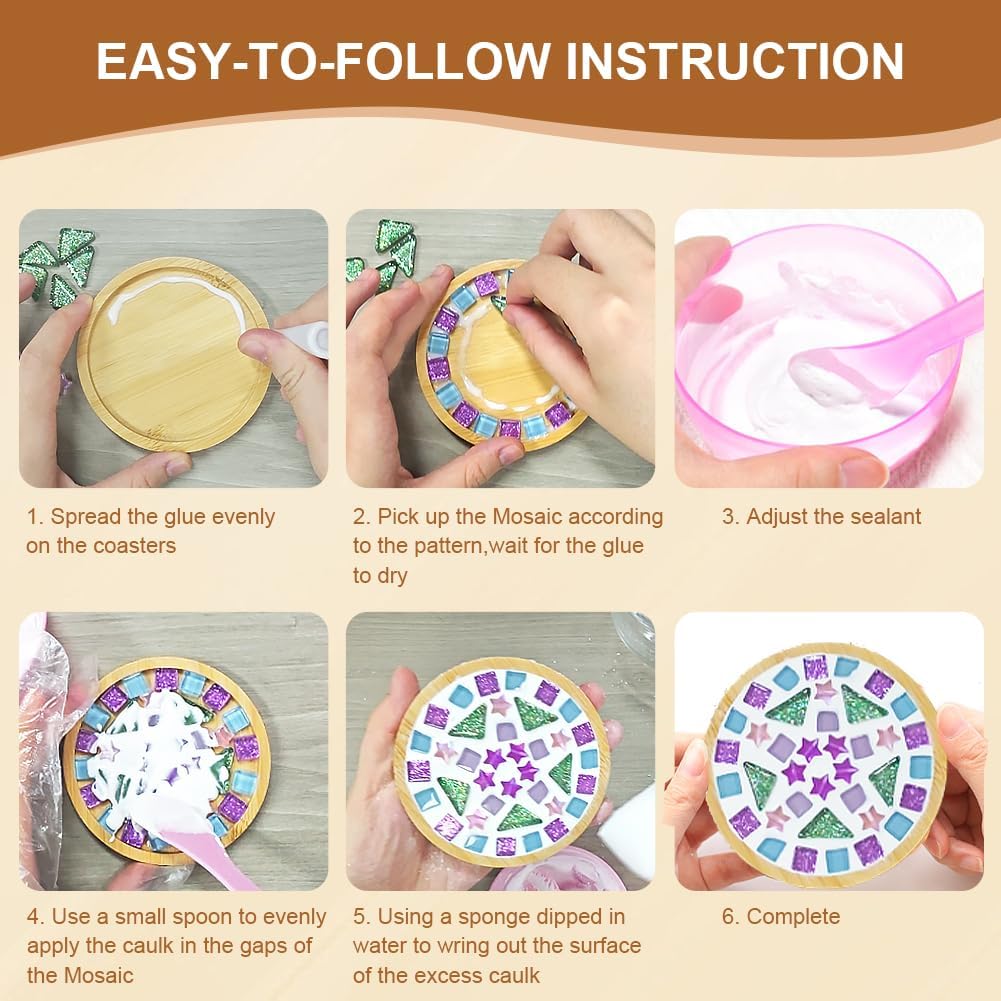 Ukontagood 8 Pcs DIY Mosaic Coasters for Crafts, Mosaic Tiles Coaster for Handmade Home Decoration, and Daily Presents, Mixed Color Mosaic Kits with Wooden Coaster