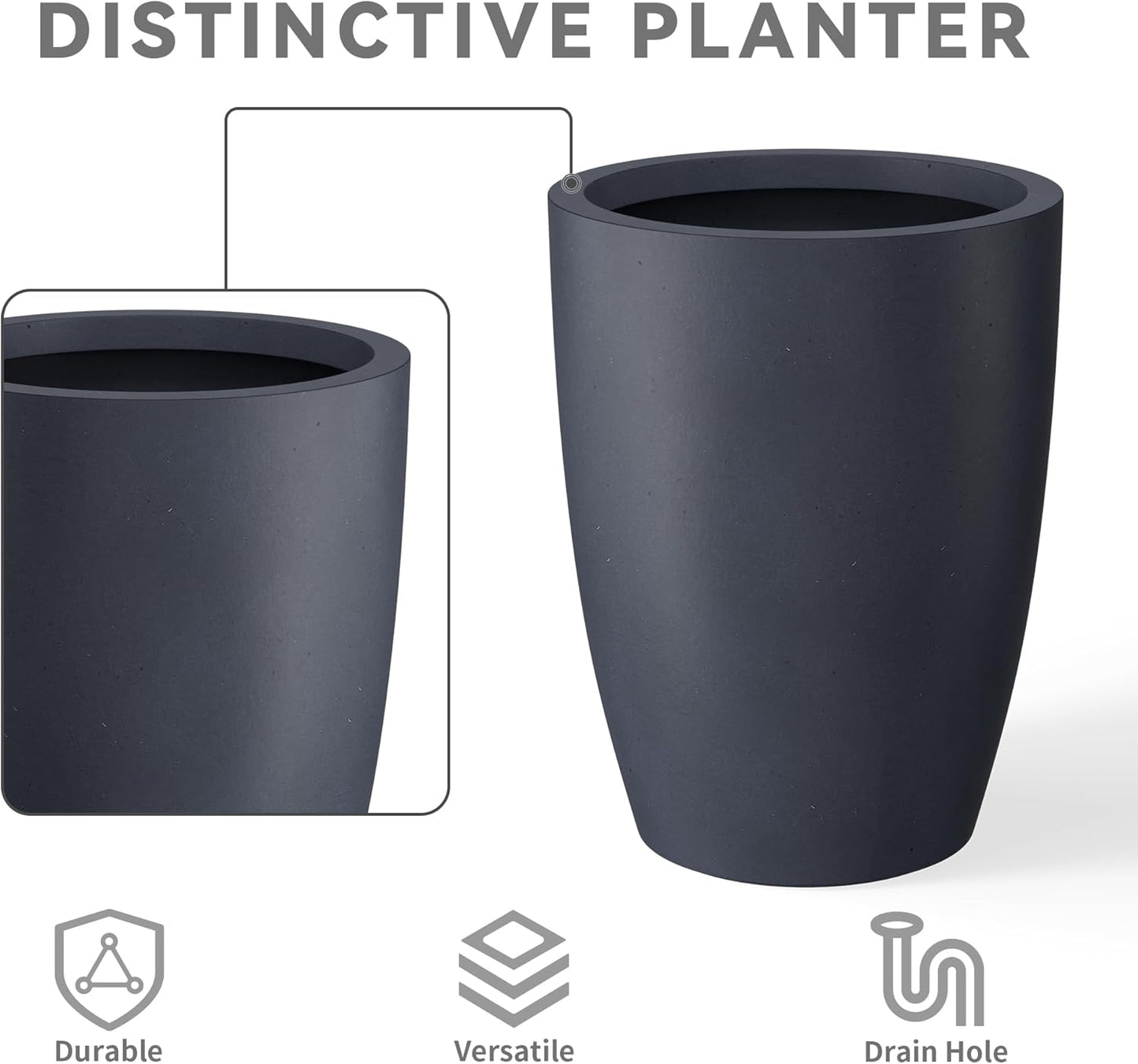 Kante 18.1",20.5",22.4" H Tall Round Concrete Planters Set of 3, Outdoor Indoor Modern Decorative Plant Pots with Drainage Hole & Rubber Plug for Home & Garden Charcoal