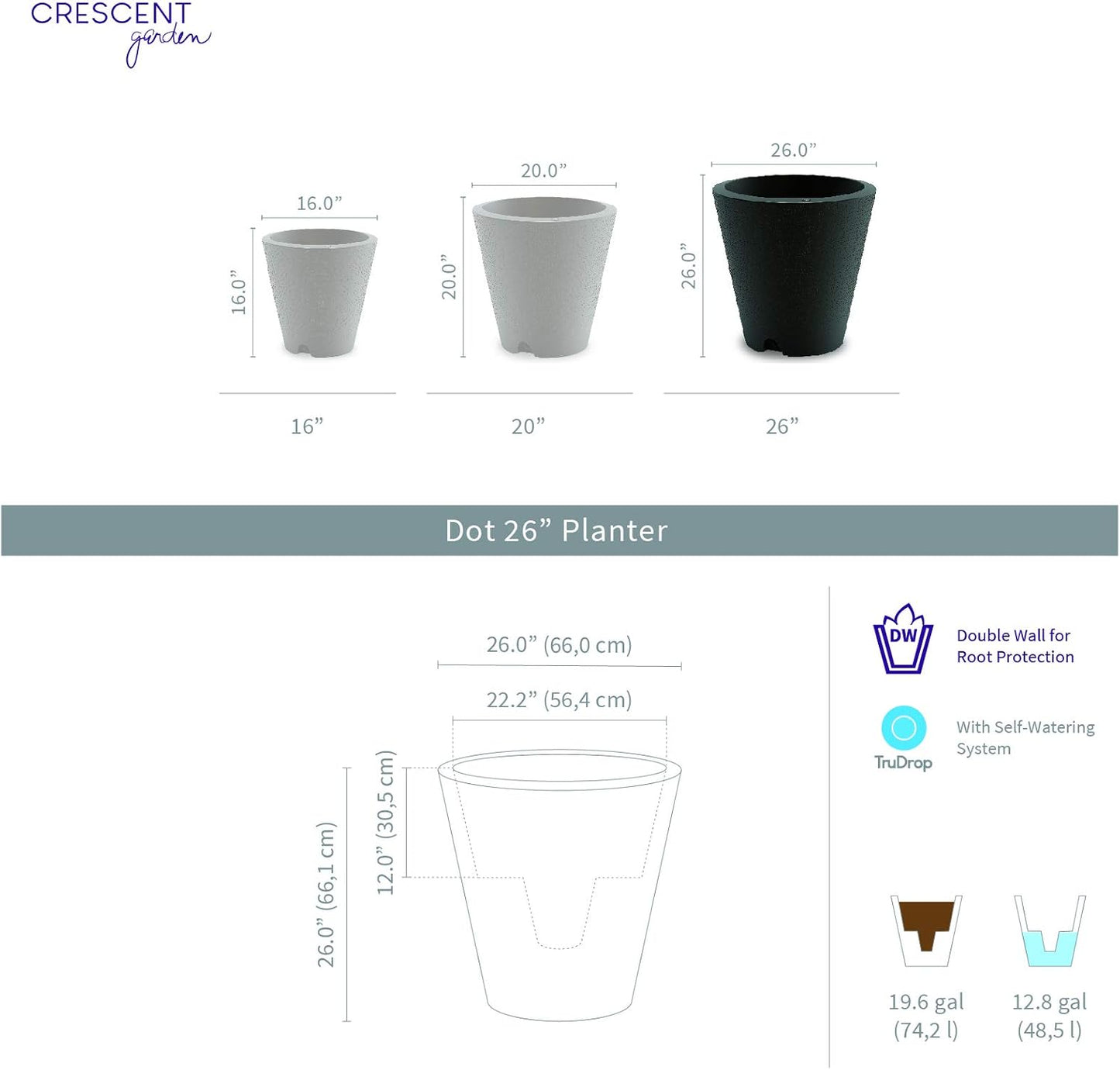 Crescent Garden Dot TruDrop Indoor/Outdoor Planter, Self-Watering Plant Pot, 26 Inches, (Old Bronze)