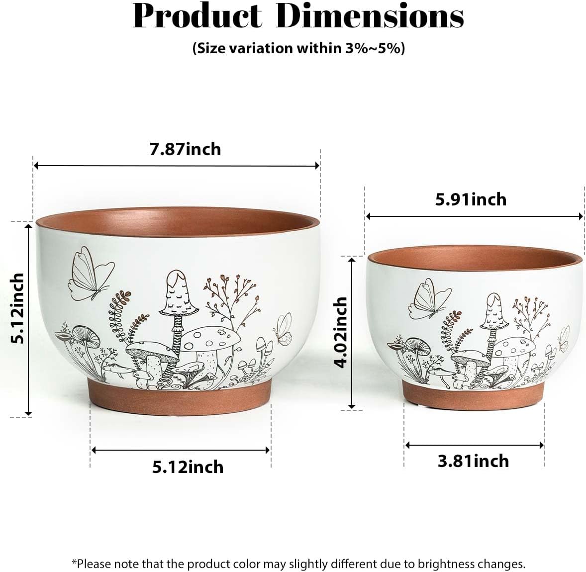 YBX 8 Inch & 6 Inch Terracotta Pots, Plant Pots, Flower Pots for Indoor Plants with Drainage, Planters with Mushroom Accent for Indoor Plants (Cottage)
