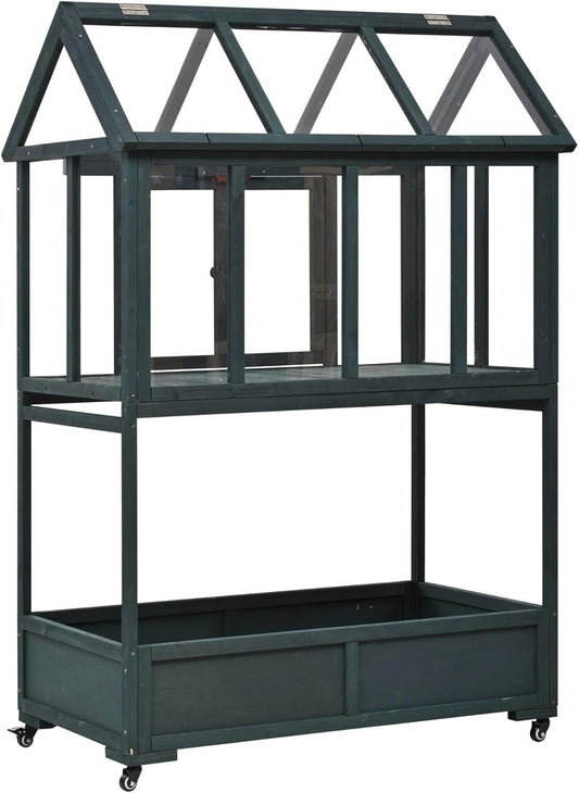 Wooden Cold Frame Greenhouse with Wheels, Portable Fir Garden Plant House with Storage Box, Openable Roof for Seedlings, Herbs, Winter Crops, Perfect for Patio, Balcony, Garden