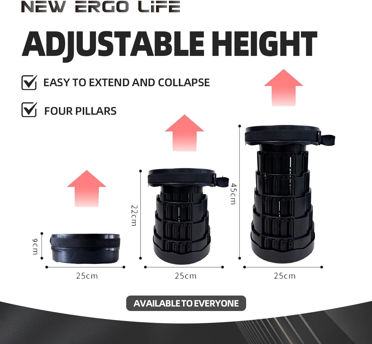Portable Collapsible Stool - 4 Pillars Large Weight Capacity Travel-Friendly Folding Stool, Easy to Use Lightweight Telescoping Seat for Outdoor Activities, Camping & Hiking (Black)