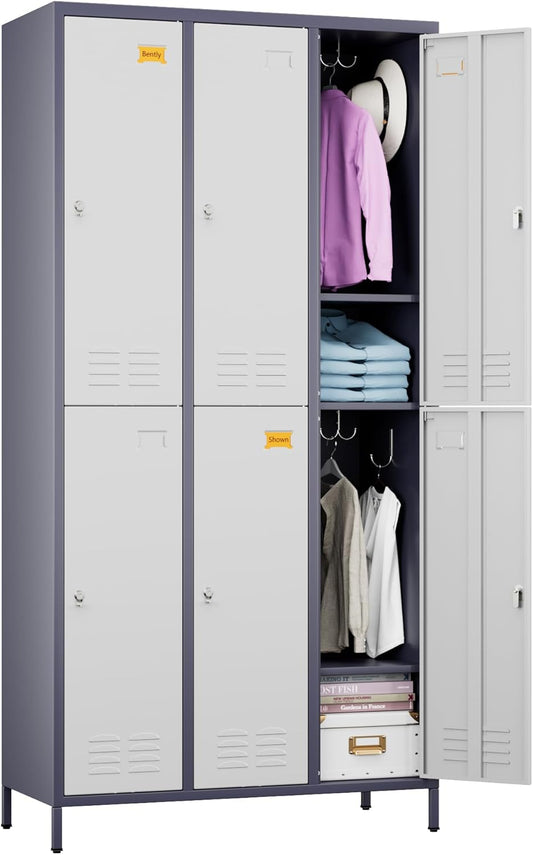 METAN Metal Locker for School Office Gym Bedroom,6 Doors Steel Storage Lockers Cabinet for Employees,Industrial Storage with 1 Shelf,Assembly Required,Gray White
