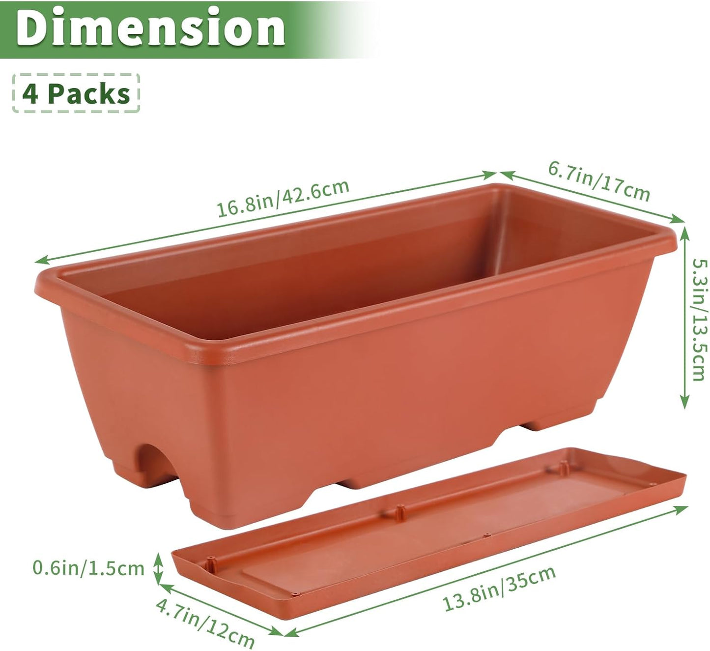 HAITRAL 16.9 Inch Deck Railing Planter Boxes for Plants, Rectangular Hanging Window Boxes Planters with Metal Flower Pots Brackets - 4 Pack Railing Planter Box for Balcony Fences Garden, Red