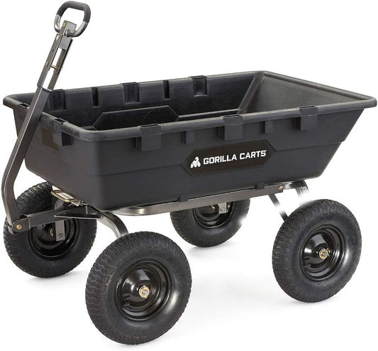 Gorilla Carts Heavy-Duty Poly Yard Dump Cart, 10 Cu Ft Tub, 1500 lb Haul Capacity, Black – Towable Utility Wagon with Quick-Release Dumping & Pneumatic Tires for Landscaping and Gardening