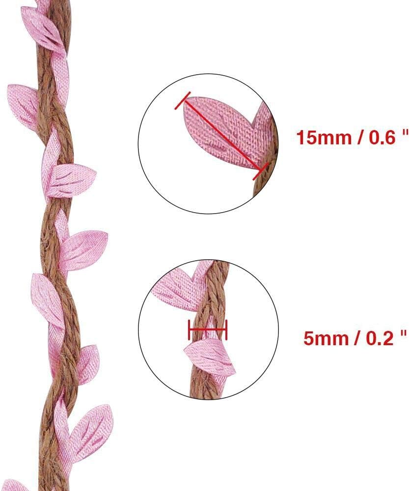 Burlap Leaf Ribbon 2 Rolls 66 Feet 5mm Jute Burlap Twine Vine with Artificial Leaves for Crafts Jungle Garland Party Wedding Garden Home Decoration Pink