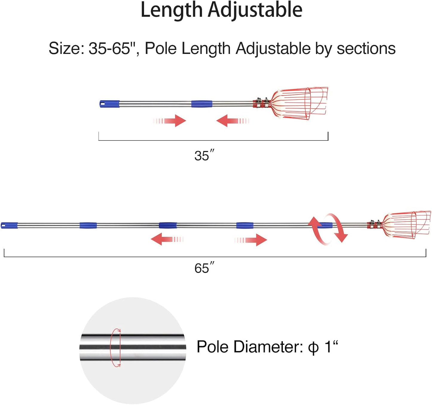 DonSail Fruit Picker Pole Tool with Basket Long Handle, 35-65 Inch Adjustable Apple Orange Picker Pole Tool with Basket for Avocado Acorn Lemon Pear Mango Tree Picker