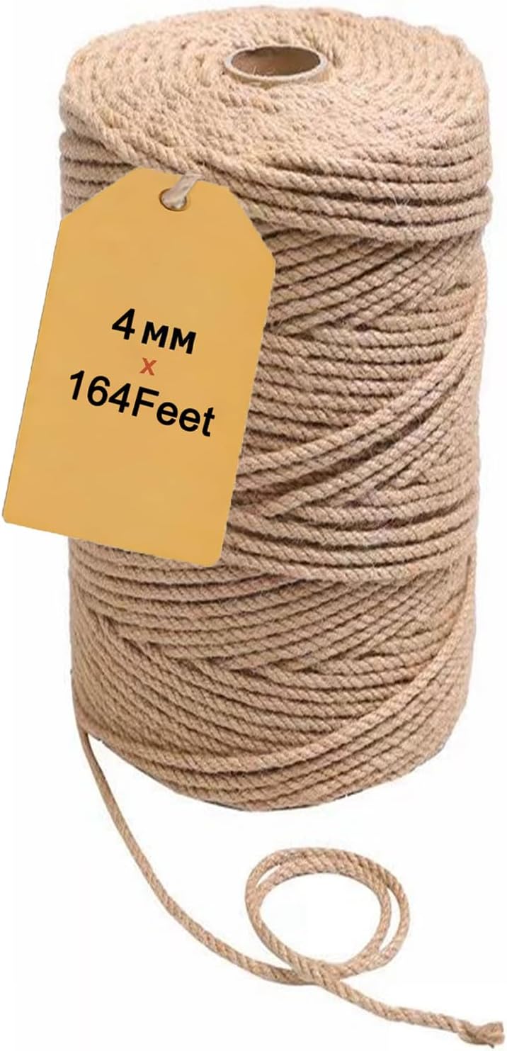 ARISKEY Natural Jute Twine 4mm,164 Feet Hemp Rope for Crafts Suitable for Macrame or Weaving Projects,Gardening Purposes and Outdoor Heavy-Duty Use