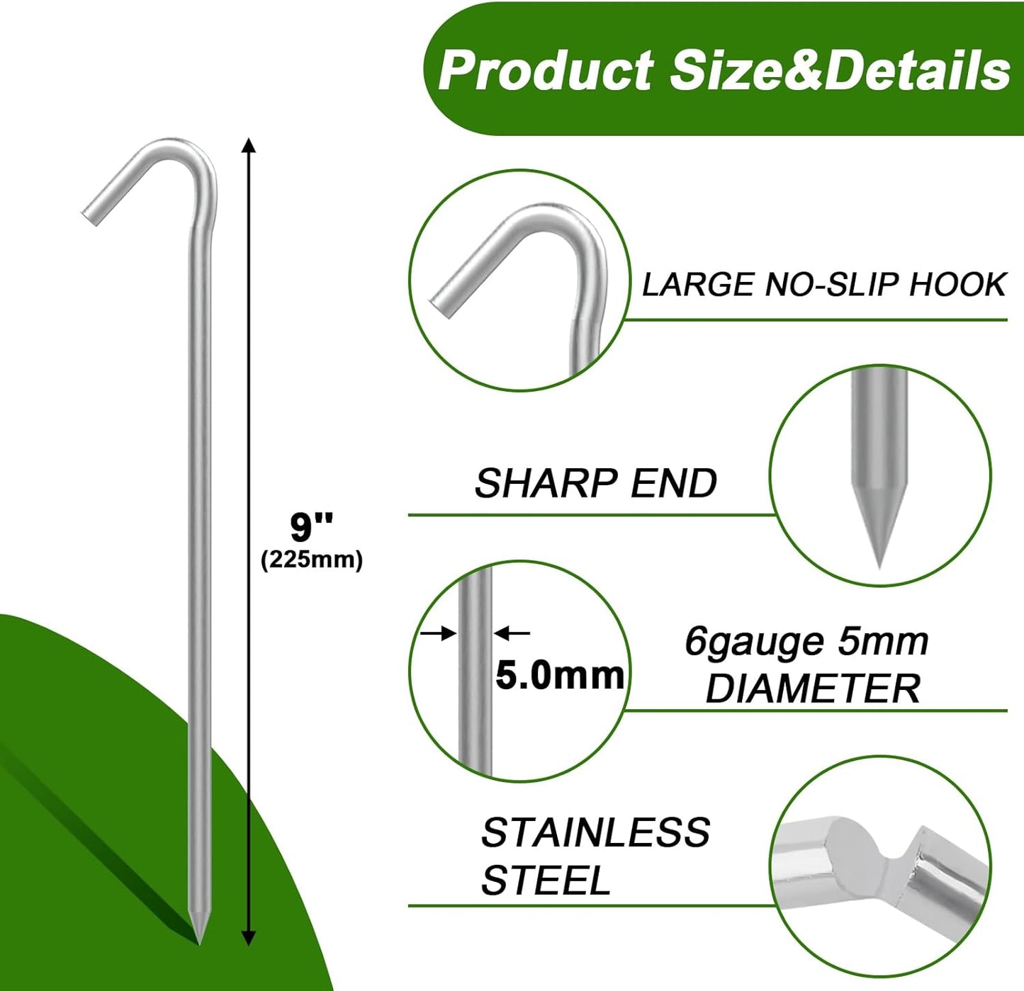 AAGUT Tent Stakes, Tent Stakes Metal Garden Edging Fence Hooks Yard Camping Stake Heavy Duty Galvanized 9 Inch 6 Gauge Tent Pegs for Tarp, Inflatable, Outdoor Christmas Decorations, 25 Pack