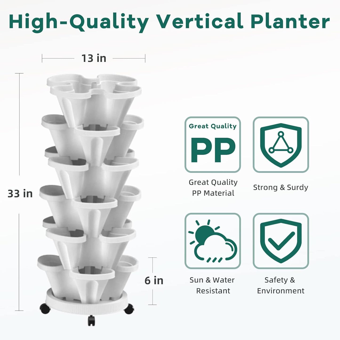 6 Tiered Strawberry Vertical Planters 2 Pack, Stacking Tower Garden with Support Pole, Stackable Herb Vegetable Planter Indoor Outdoor White