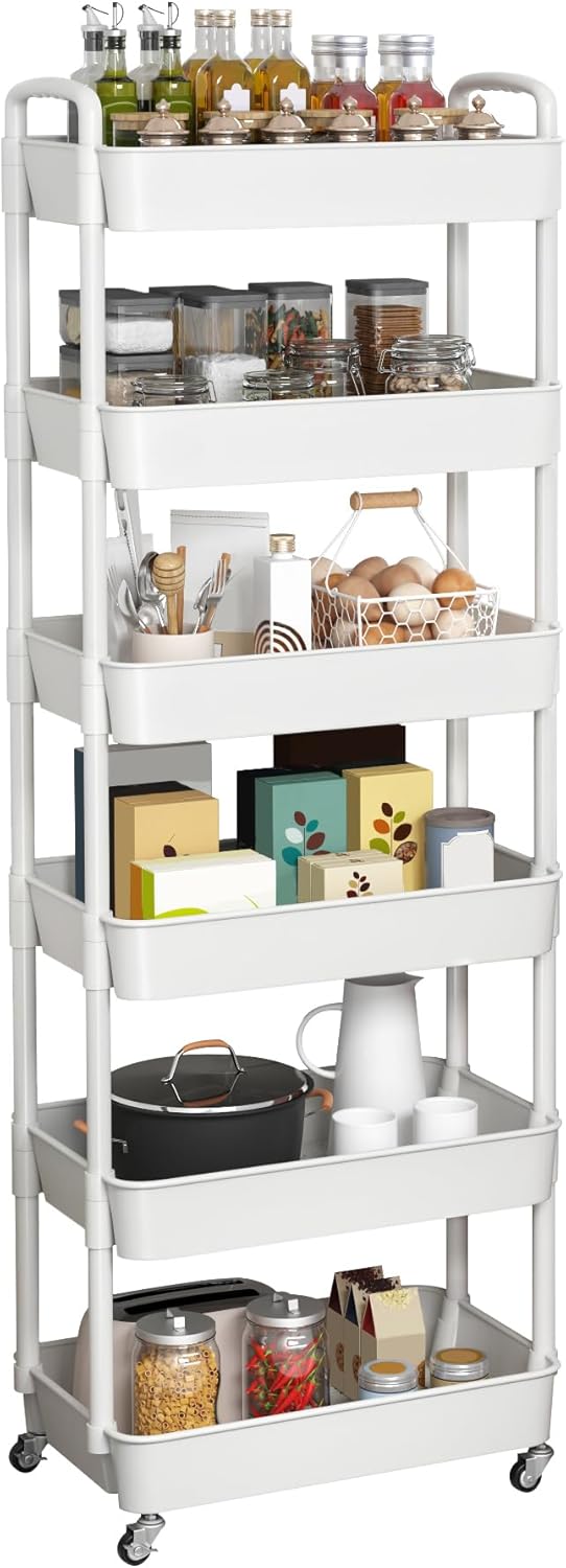 Sywhitta 6-Tier Plastic Rolling Utility Cart with Handle, Multi-Functional Storage Trolley for Office, Living Room, Kitchen, Movable Storage Organizer with Wheels, White