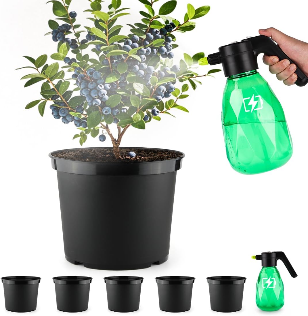 5-Gallon Nursery Pots 5P with 0.5 Gallon/2L Electric Spray Bottle, Plant Containers with Drainage Holes, Round Sturdy Garden Planters for Indoor/Outdoor Greenery