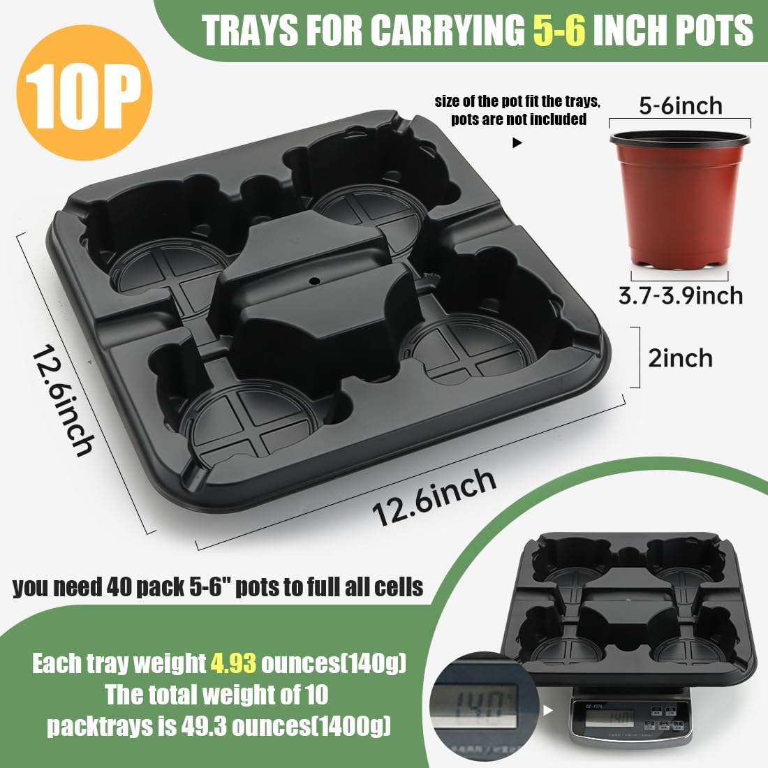 4 Cell Round Nursery Pot Trays for 5-6 Inch Pots, Thickened Sturdy Seedling Pot Shuttle Tray, Durable Nursery Pots Carrying Tray for Holding 5-6 inch Plastic Plant Pots (12.6" Square, 10-Pack)