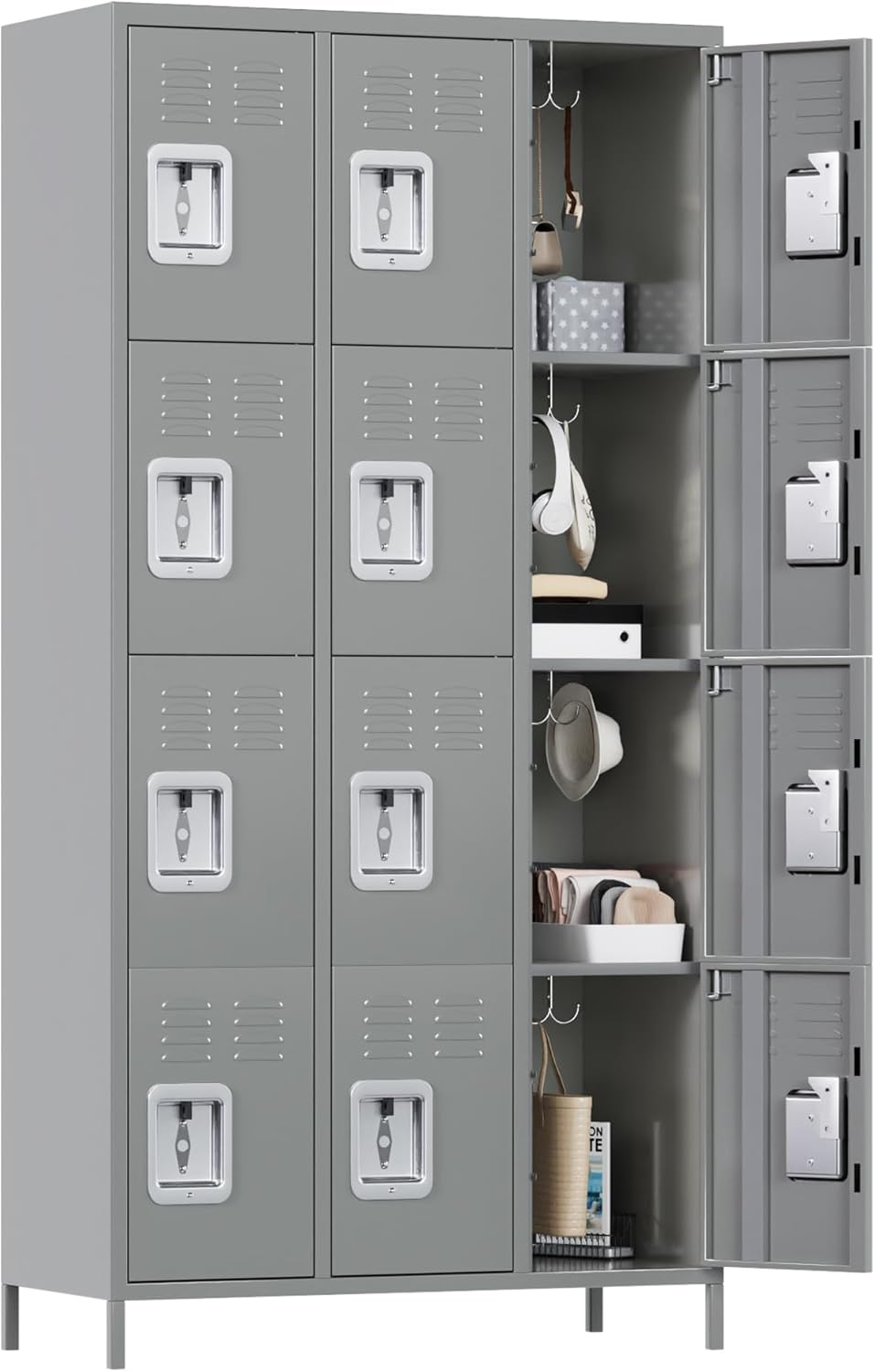 12 Doors Metal Lockers for Employees with Lock, Metal Locker with 12 Hooks for School Garage Office Gym Home,Assembly Required,Light Grey